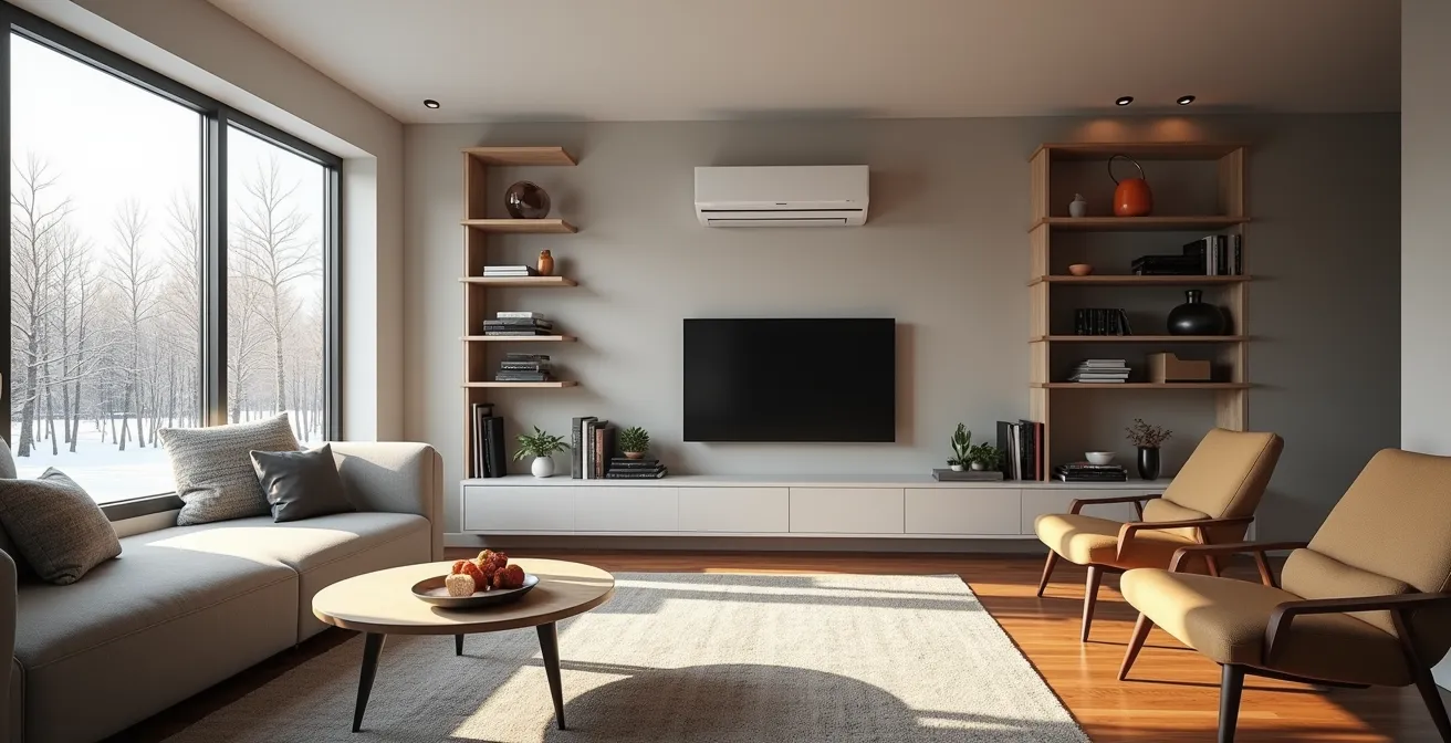 Salon moderne québécois avec thermopompe murale intégrée harmonieusement au décor