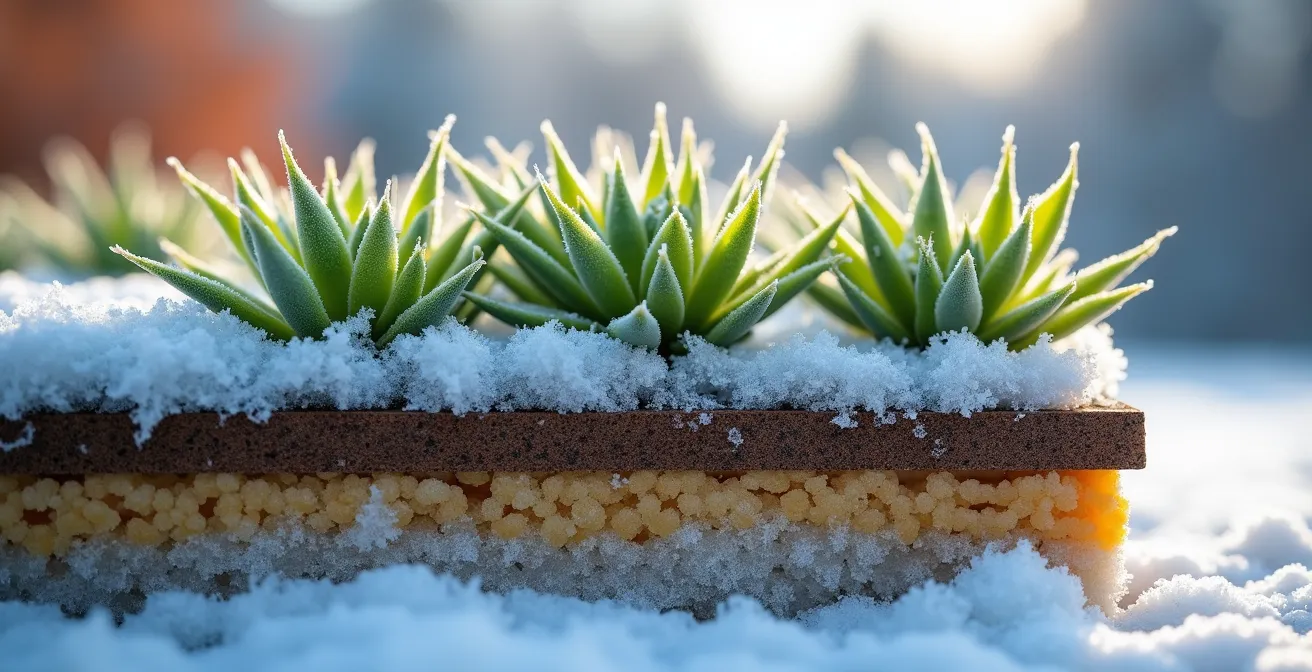 Toiture végétale recouverte de neige sur une maison québécoise montrant l'isolation thermique