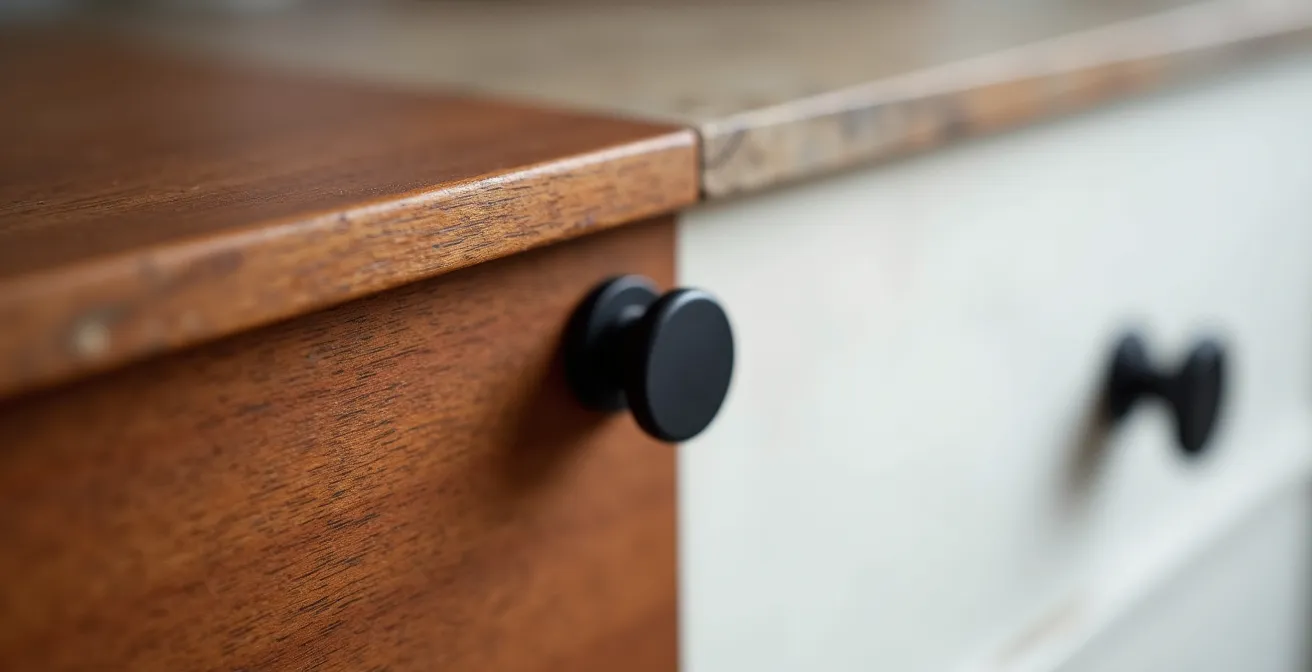 Buffet en stratifié fini teck des années 70 transformé avec peinture à la craie blanche et quincaillerie noire mate