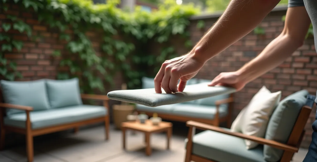 Transformation rapide d'un coin lecture en espace réception avec modules beiges dans cour du Plateau Mont-Royal
