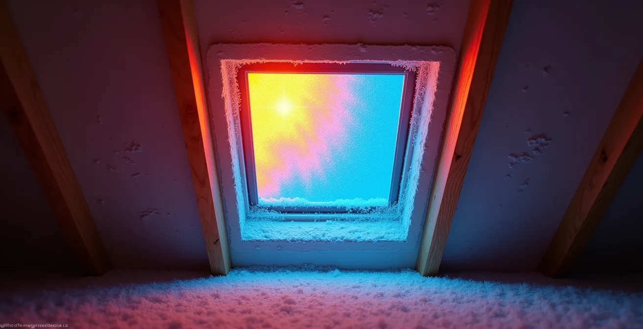 Vue thermographique d'une trappe de grenier montrant les fuites de chaleur