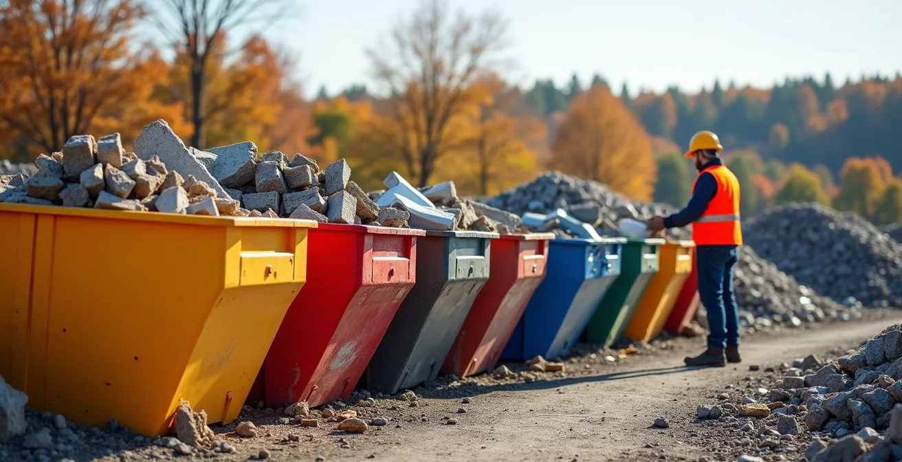 Conteneurs de tri sélectif colorés sur chantier de construction avec matériaux séparés