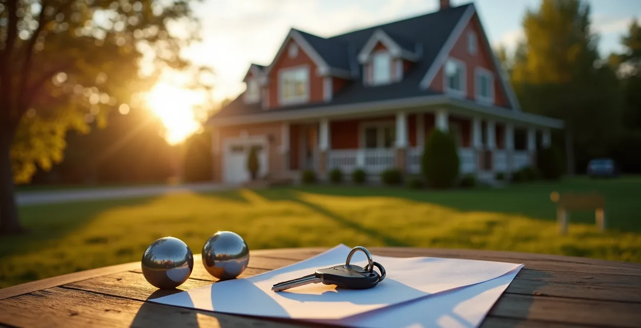 Maison québécoise avec panneau vendu et système géothermique visible