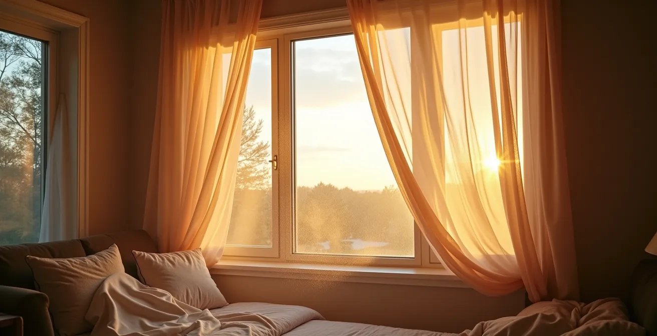 Vue en coupe d'une maison québécoise montrant la circulation d'air frais du soir à travers les ouvertures stratégiques